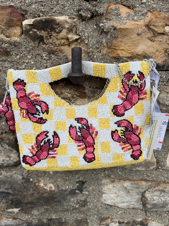 Handcrafted in India Handbags - NWT Beaded Lobster Handbag in yellow and white plaid purse crossbody